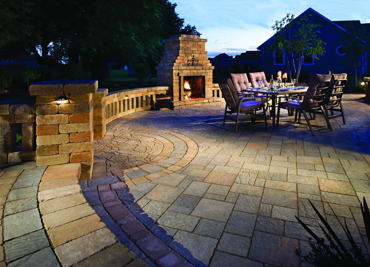 Fireplace, short wall, and patio made from stone